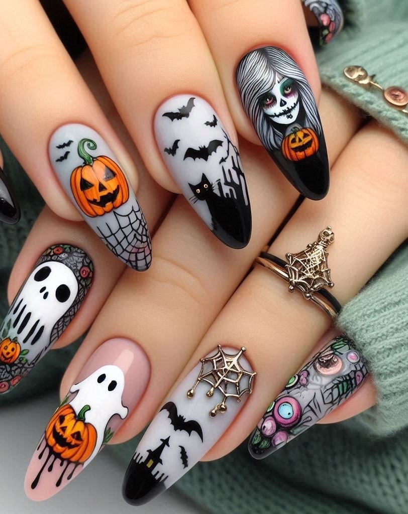 Halloween Nails: Spooktacular Spooky Designs That Are Fang-tastic | Pocoko Gothic Roses: Black nails with delicate rose motifs. It’s like a love story between darkness and elegance.