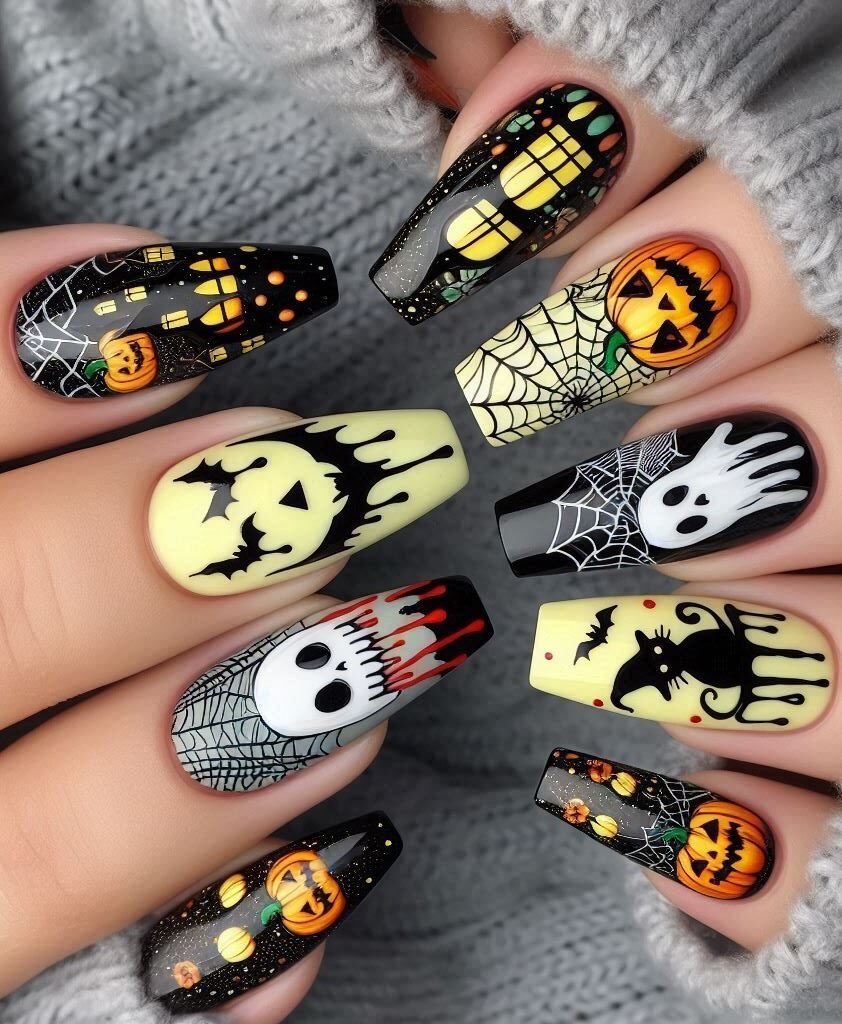 Halloween Nails: Spooktacular Spooky Designs That Are Fang-tastic | Pocoko Haunted Mansion Mani: Imagine your nails as tiny haunted houses. Bonus points if you add tiny ghostly residents.