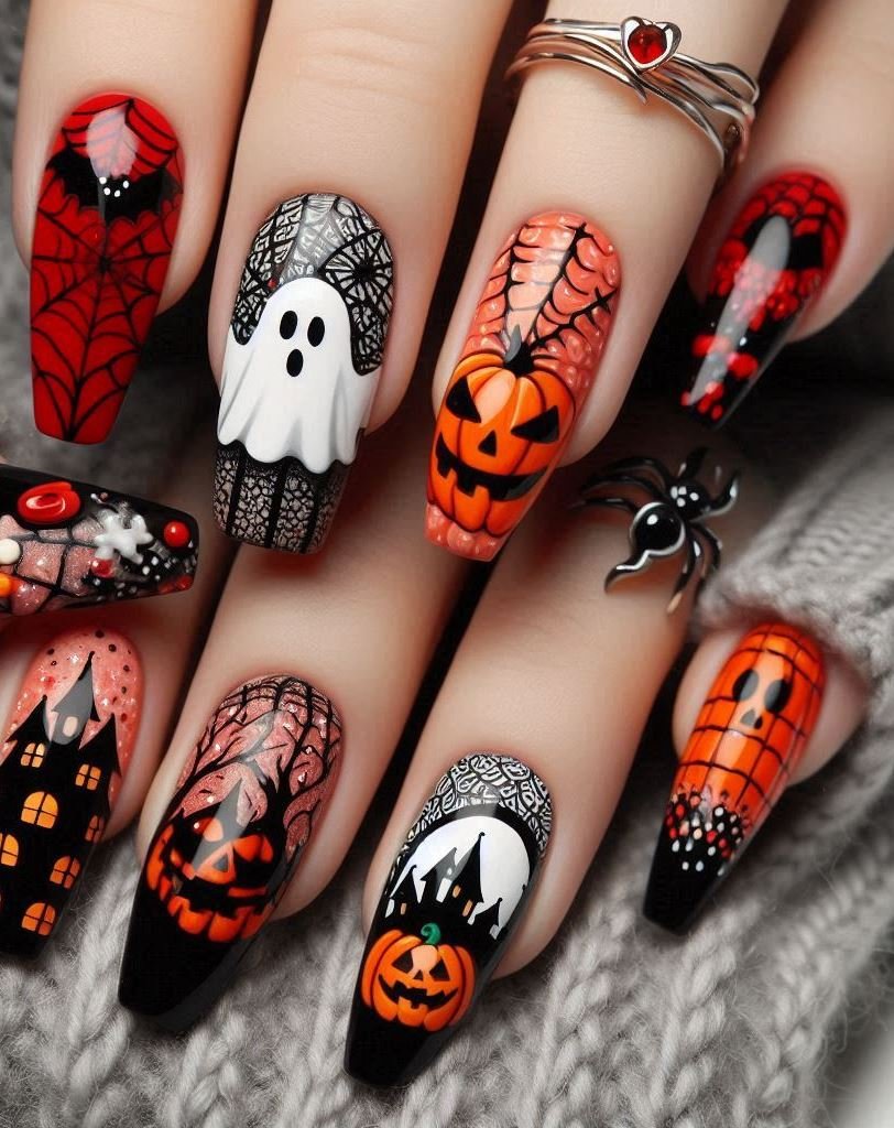 Halloween Nails: Spooktacular Spooky Designs That Are Fang-tastic | Pocoko Wickedly Whimsical: Bats, cats, and broomsticks—these nails are straight out of a fairy tale. Just watch out for the wicked stepmother.
