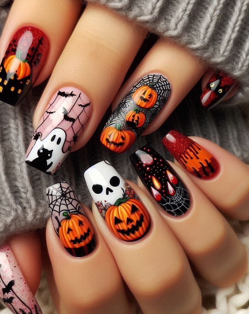 Halloween Nails: Spooktacular Spooky Designs That Are Fang-tastic | Pocoko Midnight Elegance: Black nails with silver accents—because every witch needs a touch of sophistication. Bonus points if you cackle while painting them. 🖤🌙