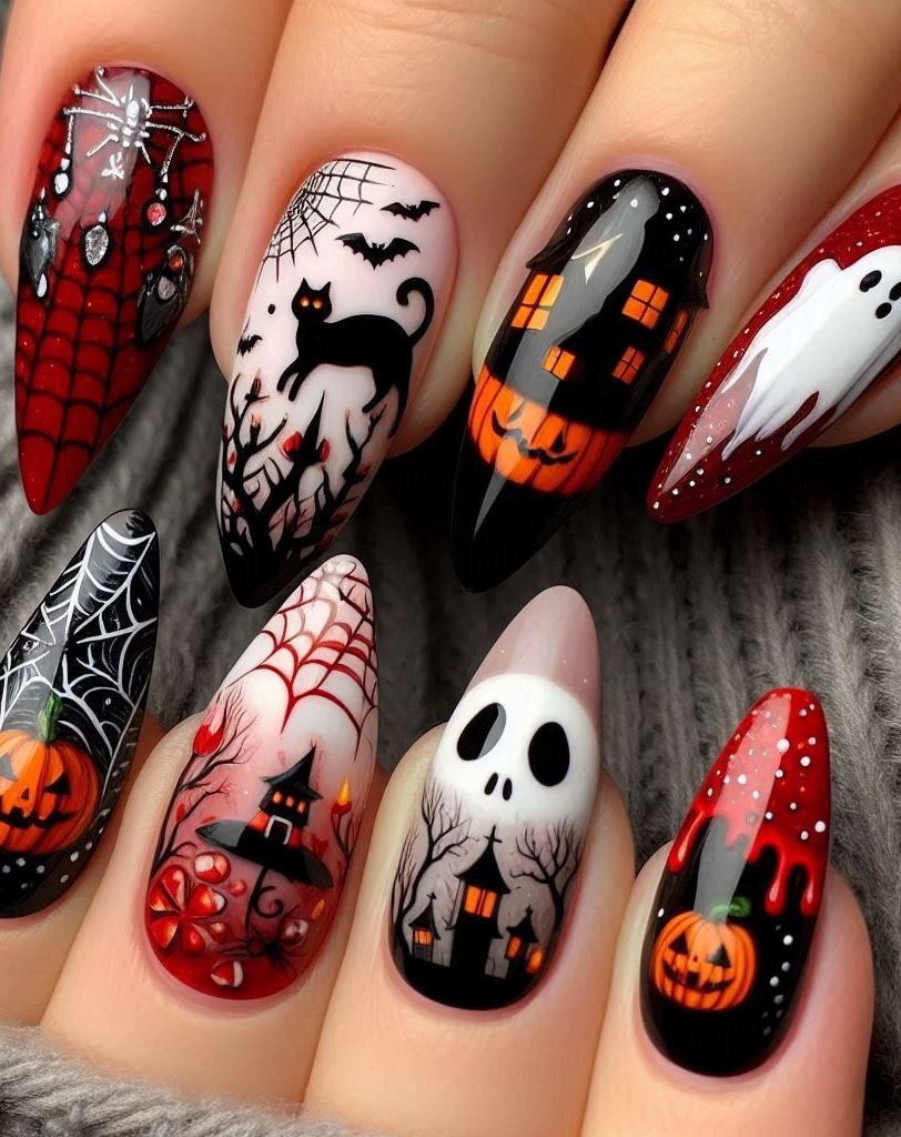 Halloween Nails: Spooktacular Spooky Designs That Are Fang-tastic | Pocoko Haunted Forest Feels: Imagine walking through a moonlit forest filled with eerie trees. Now put that enchantment on your nails.