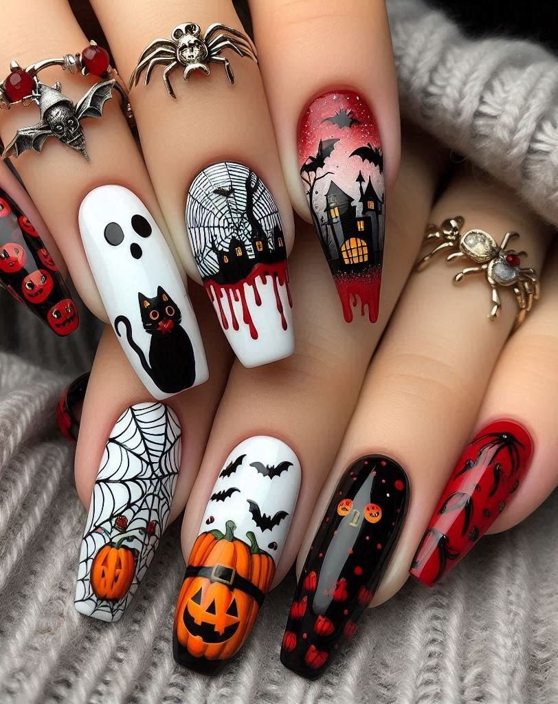 Halloween Nails: Spooktacular Spooky Designs That Are Fang-tastic | Pocoko Vampire Vibes: Sink your fangs into these blood-red nail art ideas. Whether you’re Team Dracula or Team Lestat, your claws will be immortalized. 🦇❤️