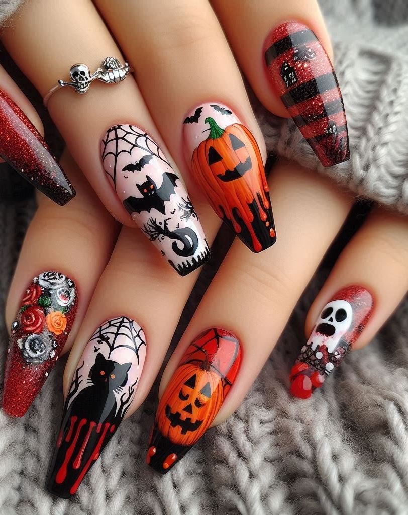 Halloween Nails: Spooktacular Spooky Designs That Are Fang-tastic | Pocoko Witchy Glamour: Brew up some nail magic with these spellbinding Halloween designs. From crescent moons to cauldrons, your fingertips will be the talk of the coven.