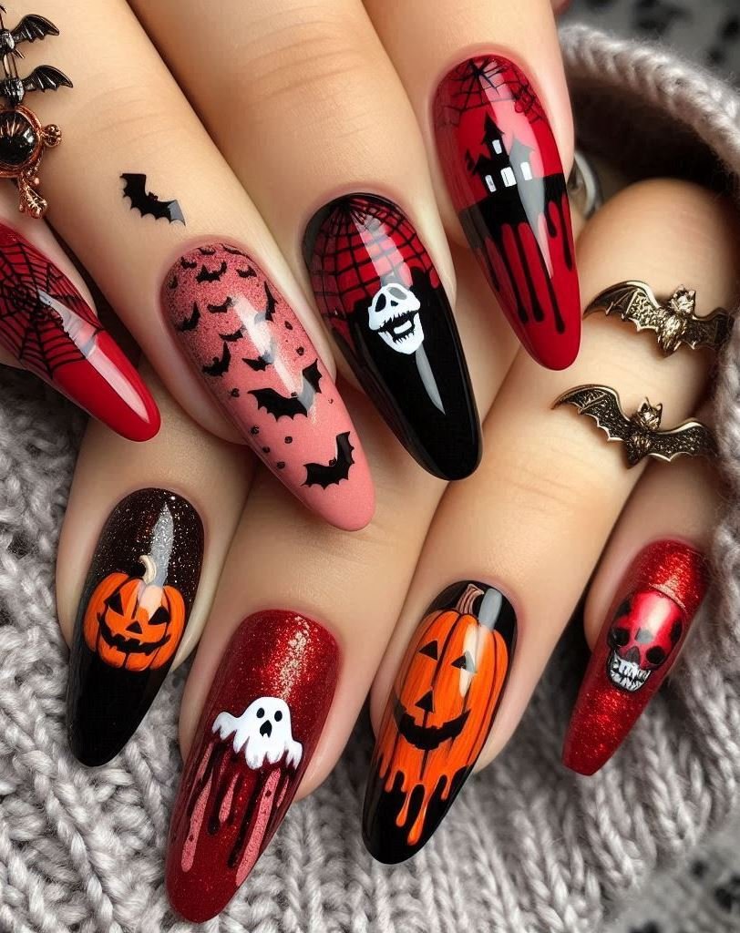 Halloween Nails: Spooktacular Spooky Designs That Are Fang-tastic | Pocoko Vampire Kisses: Blood-red nails with subtle lip prints. Because even vampires need a little romance. 💋🦇
