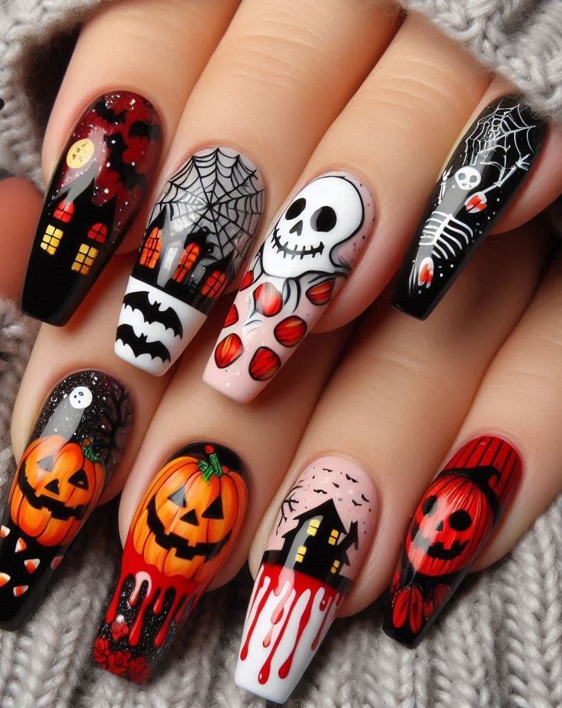 Halloween Nails: Spooktacular Spooky Designs That Are Fang-tastic | Pocoko Grim Reaper Glam: Black nails with tiny scythes and hourglasses. Because even death needs a killer manicure. ⌛💀