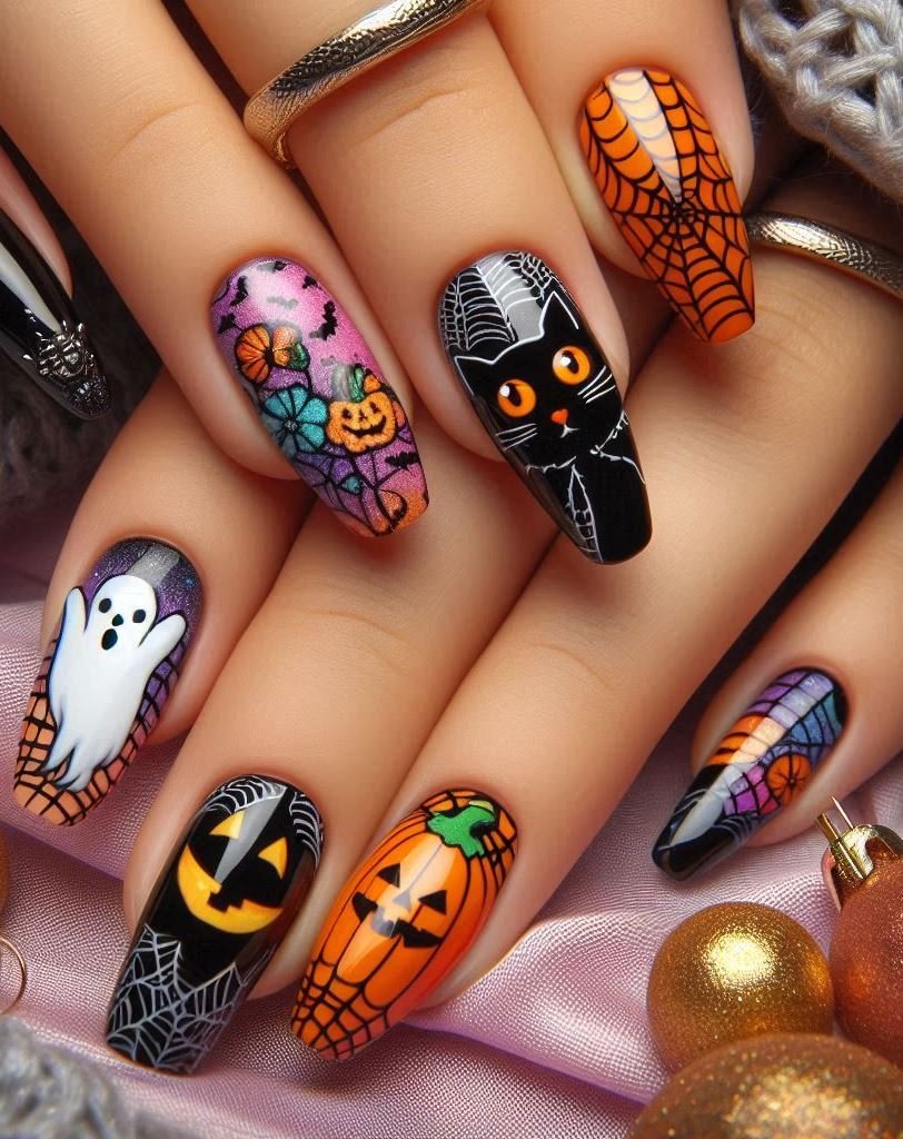 Halloween Nails: Spooktacular Spooky Designs That Are Fang-tastic | Pocoko Grim Reaper Glam: Black nails with tiny scythes and hourglasses. Because even death needs a killer manicure. ⌛💀