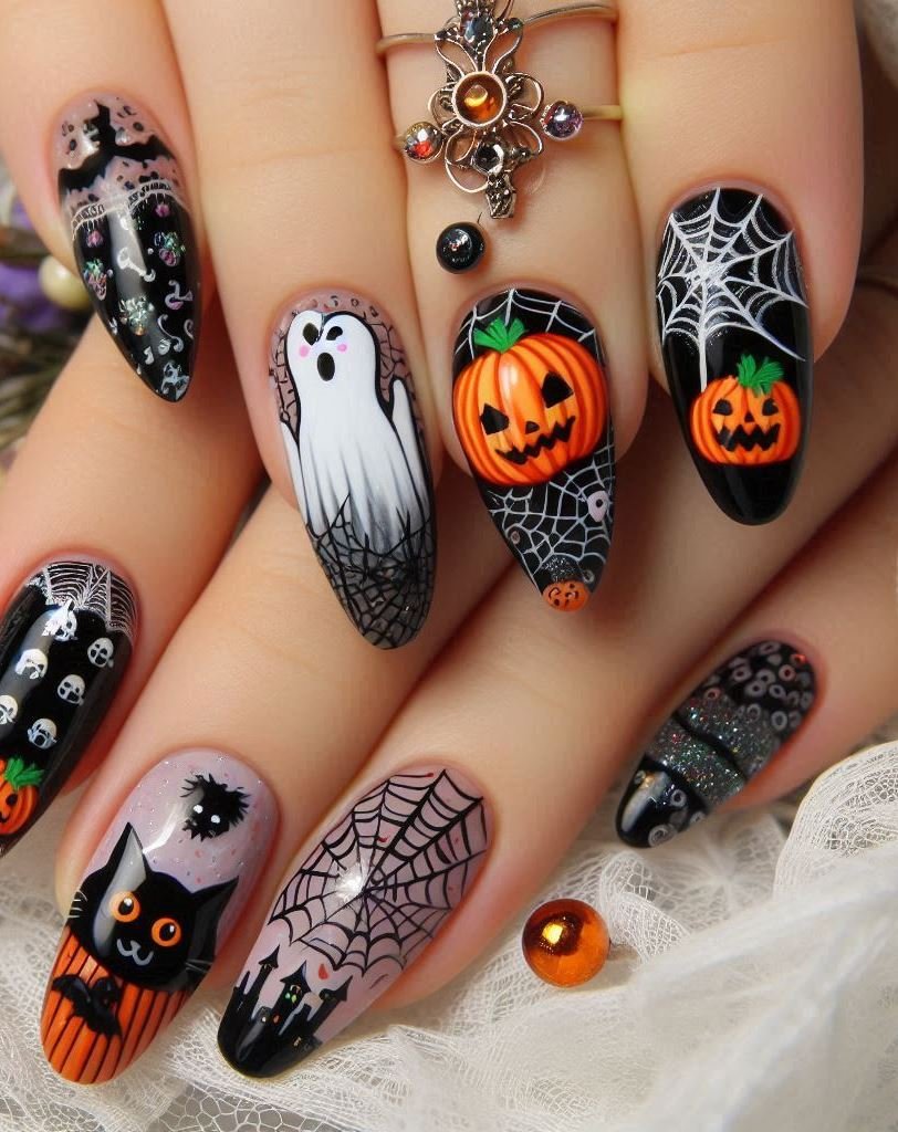 Halloween Nails: Spooktacular Spooky Designs That Are Fang-tastic | Pocoko Mystical Moons: Crescent moons, full moons, and half moons—these nails are a lunar dream. 🌘🌕