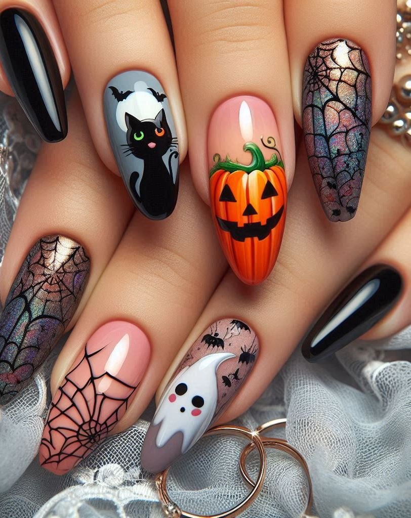 Halloween Nails: Spooktacular Spooky Designs That Are Fang-tastic | Pocoko Wickedly Whimsical: Add tiny broomsticks, cauldrons, and spellbooks to your nails. Bonus points if they’re invisible to Muggles. 🧹📚