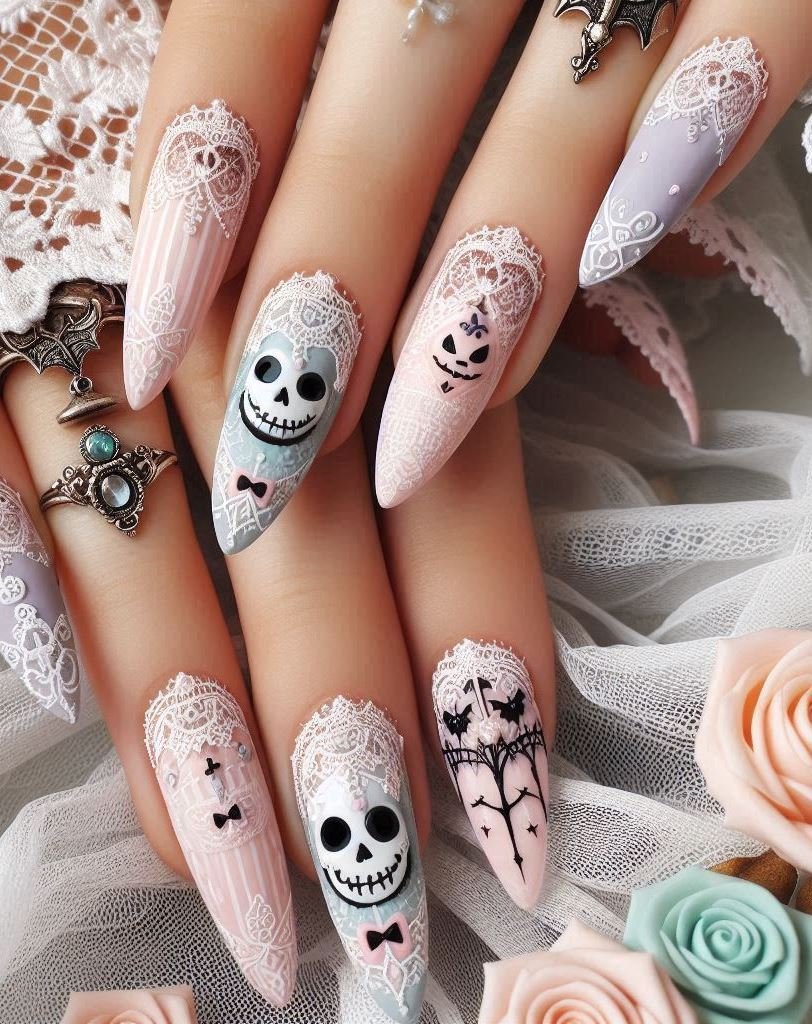 Halloween Nails: Spooktacular Spooky Designs That Are Fang-tastic | Pocoko Glowing Gravestones: Gray nails with tombstone accents. Perfect for graveyard picnics. ☠️🌲