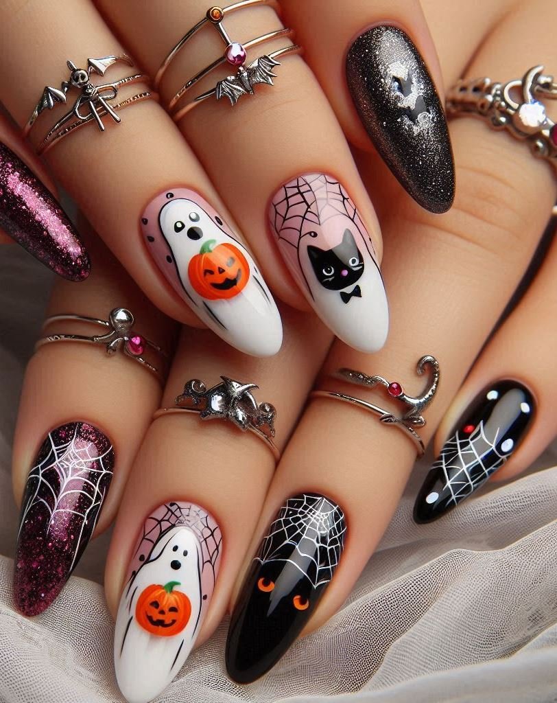 Halloween Nails: Spooktacular Spooky Designs That Are Fang-tastic | Pocoko Spider Queen Chic: Black widow vibes with a touch of glitter. Just remember: With great power comes great responsibility (and killer nails). 🕷️💅