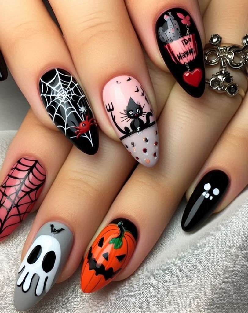 Halloween Nails: Spooktacular Spooky Designs That Are Fang-tastic | Pocoko Wickedly Whimsical: Bats, cats, and broomsticks—these nails are straight out of a fairy tale. Just watch out for the wicked stepmother. 🦇🔮