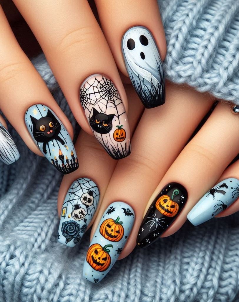 Halloween Nails: Spooktacular Spooky Designs That Are Fang-tastic | Pocoko Midnight Elegance: Black nails with silver accents—because every witch needs a touch of sophistication. Bonus points if you cackle while painting them. 🖤🌙