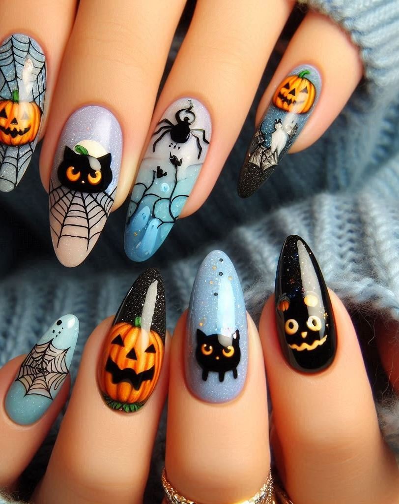 Halloween Nails: Spooktacular Spooky Designs That Are Fang-tastic | Pocoko Haunted Forest Feels: Imagine walking through a moonlit forest filled with eerie trees. Now put that enchantment on your nails. 🌲🌕