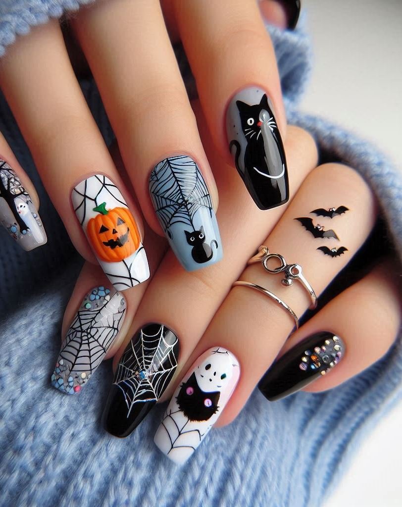 Halloween Nails: Spooktacular Spooky Designs That Are Fang-tastic | Pocoko Moonlit Mystique: Channel your inner sorceress with celestial motifs. Crescent moons, stars, and pentagrams—these nails are pure magic. ✨🌟