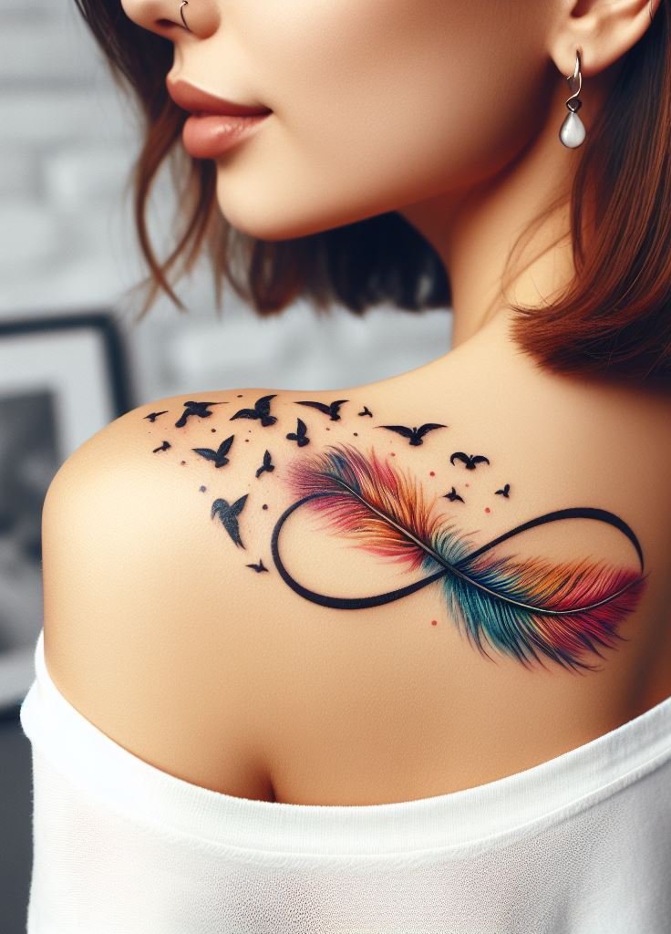 Infinity tattoos with birds: a love story etched in ink. Let these winged creatures remind you that your bond is as timeless as the sky. 🌸🕊️