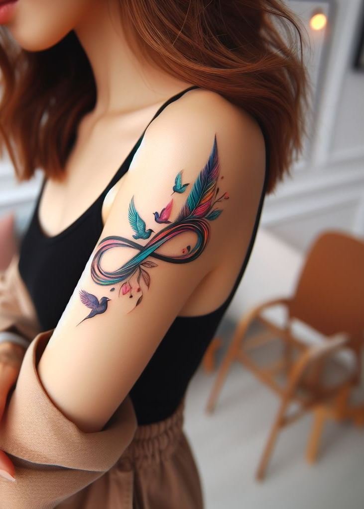 Infinity meets avian elegance in this tattoo. Birds symbolize grace, while the looped design whispers of love everlasting. A match made in ink heaven! 🌸🦢