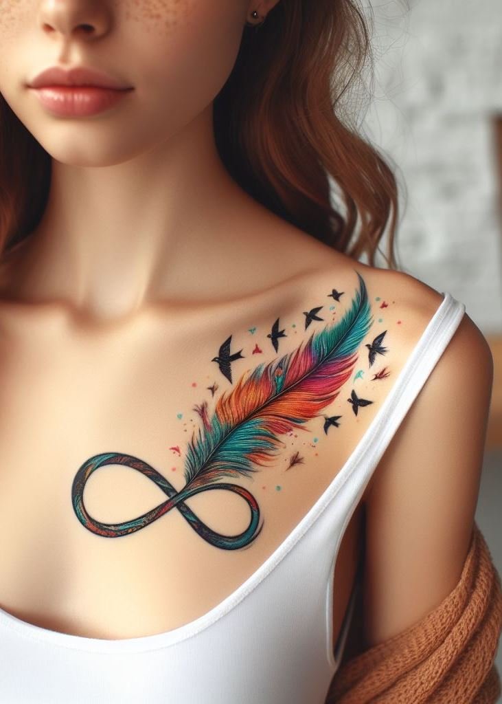 Lovebirds unite! An infinity feather tattoo celebrates eternal flight. Because when hearts take wing, there’s no landing.