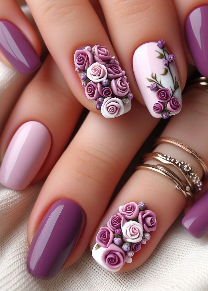 Roses in the moonlight! These square lavender nails feature delicate white blooms, as if dew-kissed under a starry sky. It’s elegance with a celestial twist—perfect for romantic evenings.