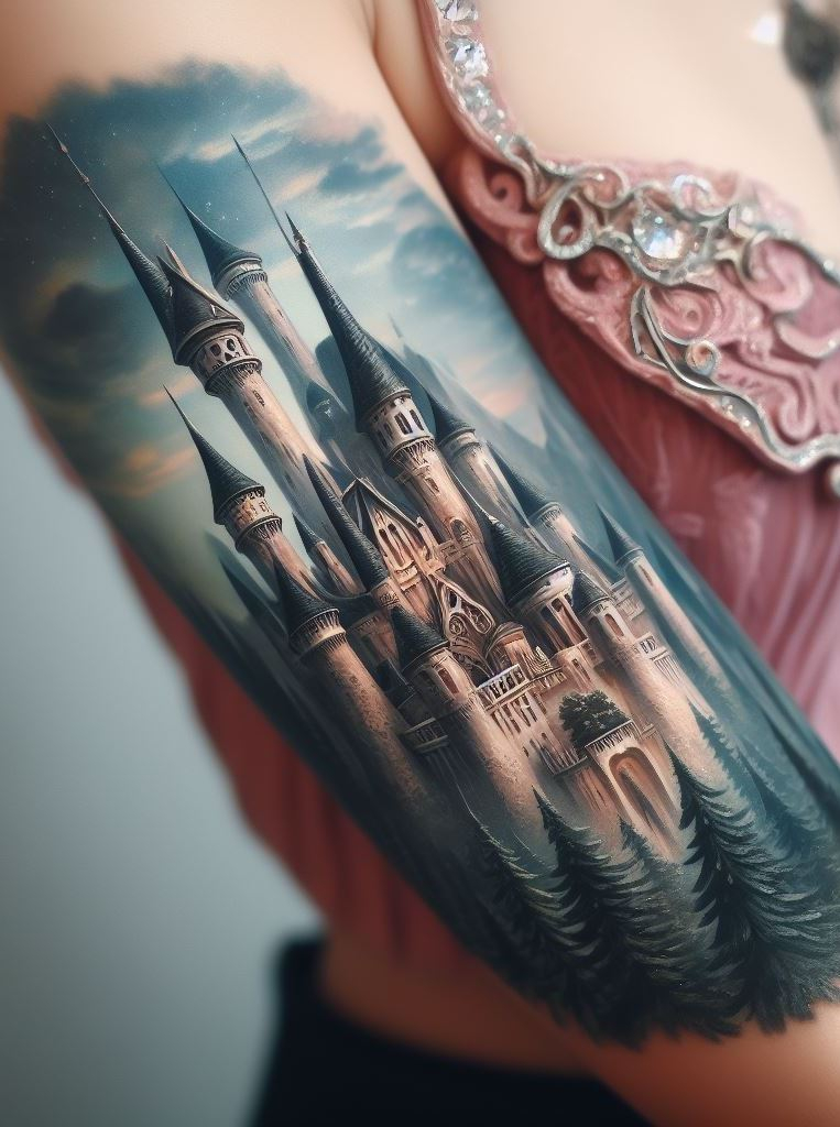 Whimsical Stronghold: Imagine a castle nestled among ancient trees, its turrets reaching for the sky. This tattoo captures the magic of hidden realms and the promise of adventure.