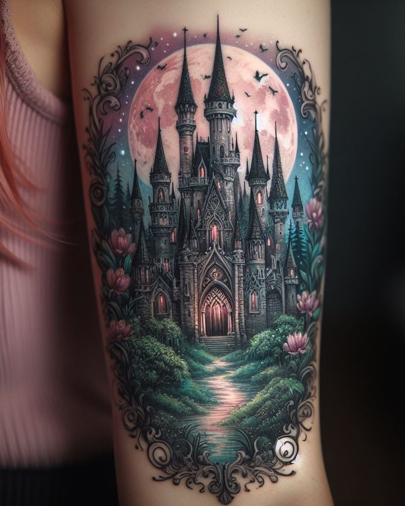 Stardust Citadel: Picture a castle bathed in moonlight, its stones infused with starlight. This tattoo whispers of dreams, destiny, and the wonder that awaits beyond its gates.