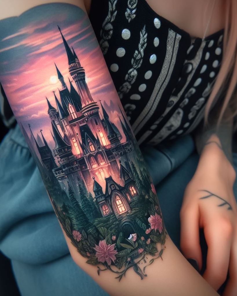 Fairy Tale Fortress: A castle guarded by mythical creatures—dragons, unicorns, and griffins. This tattoo celebrates the timeless allure of castles and the legends they hold.