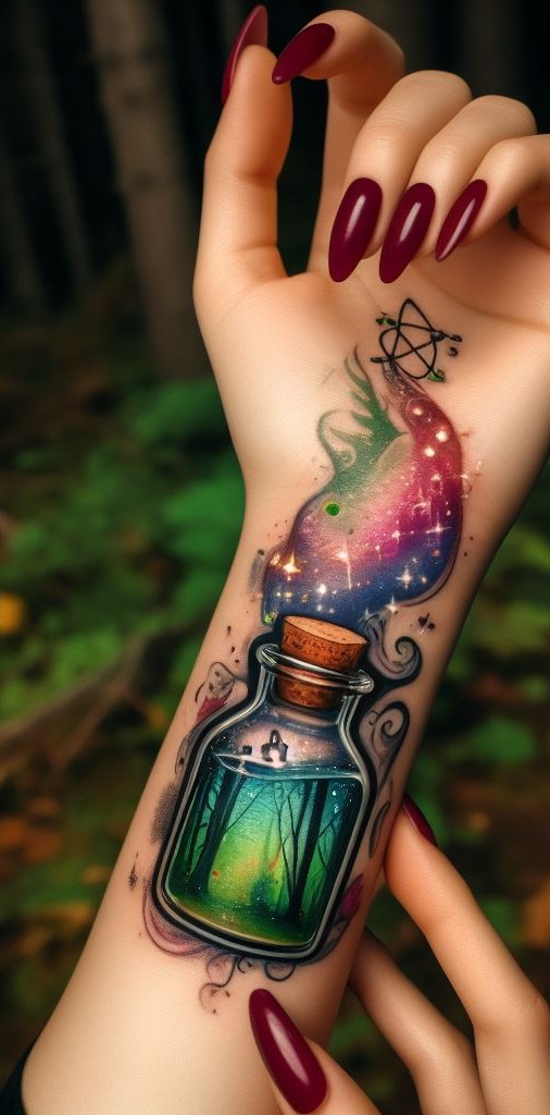 Brew your dreams into ink: These potion bottle tattoos capture the essence of magic, with swirling elixirs and secrets whispered by moonlight.