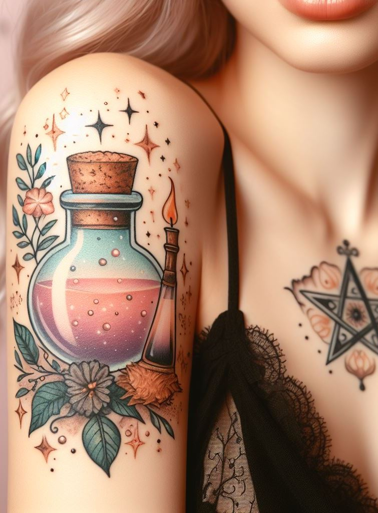 Arm alchemy: Potion bottle tattoos mix botanical elegance with a dash of otherworldly charm.