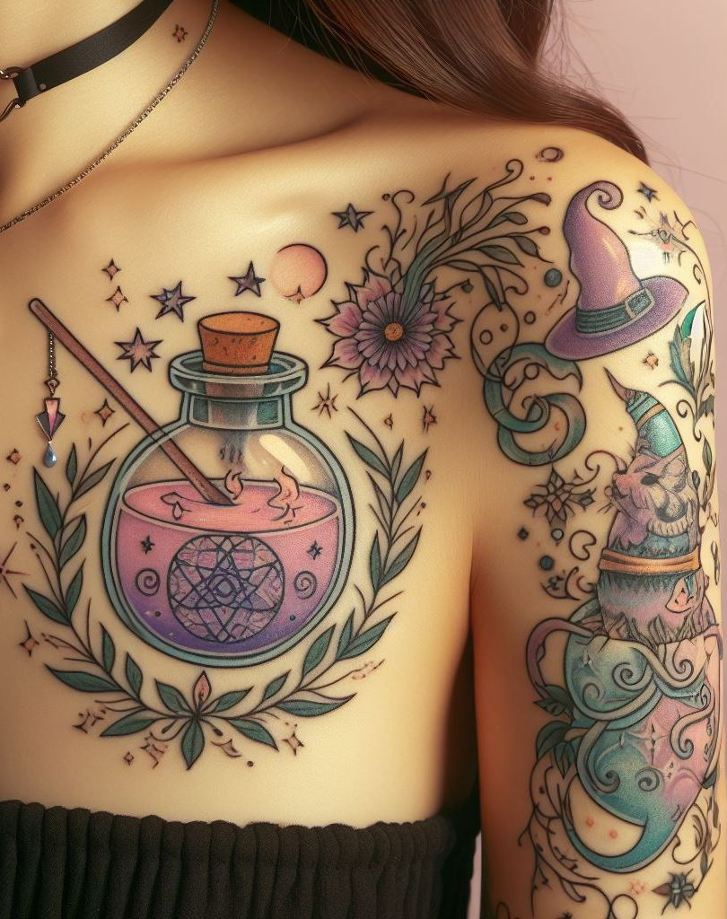 Alchemy on your arm: Potion bottles symbolize the magic within.