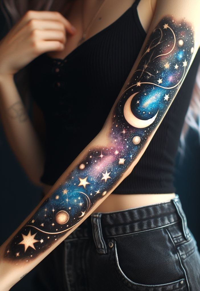 Channel your inner celestial enchantress with a galaxy fairy tattoo. Imagine moon-kissed wings and stardust trails—pure magic!