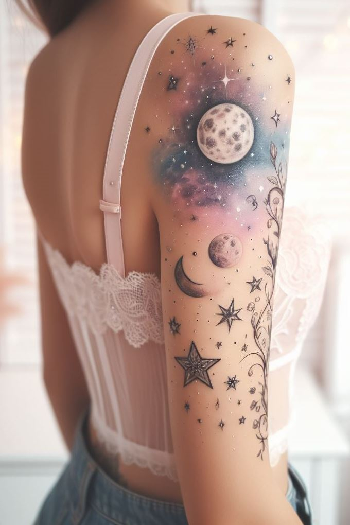 Tattoo magic: A fairy riding a shooting star, leaving stardust trails across your skin.