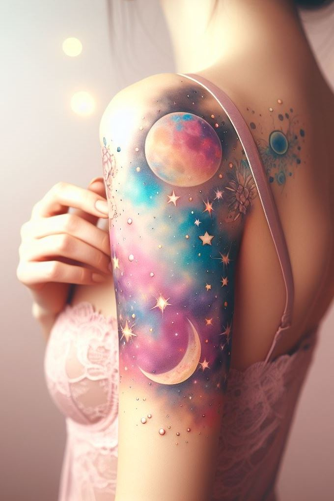 Ink your dreams with cosmic whimsy. A tiny fairy perched on a crescent moon, sprinkling galaxies like glitter.