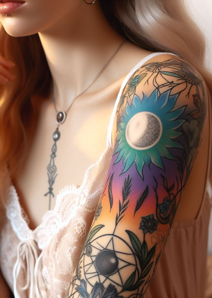 Floral alchemy: Moon-kissed petals cradle the magic of the night sky. This tattoo whispers secrets of cosmic connection and the eternal dance of light and shadow.