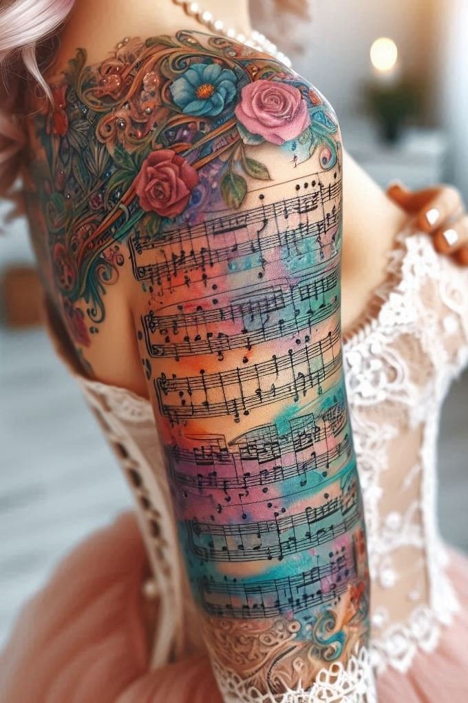 Turn your body into a living sheet of music with musical notation tattoos. These elegant designs capture the magic of your favorite songs, letting every note and rhythm become a part of you.