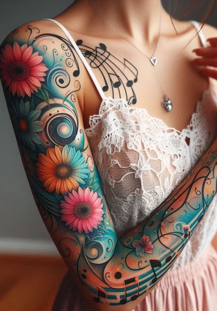 Let your skin sing with musical notation tattoos that capture the essence of your favorite tunes. These designs are a beautiful tribute to your passion for music, turning every note into a work of art.