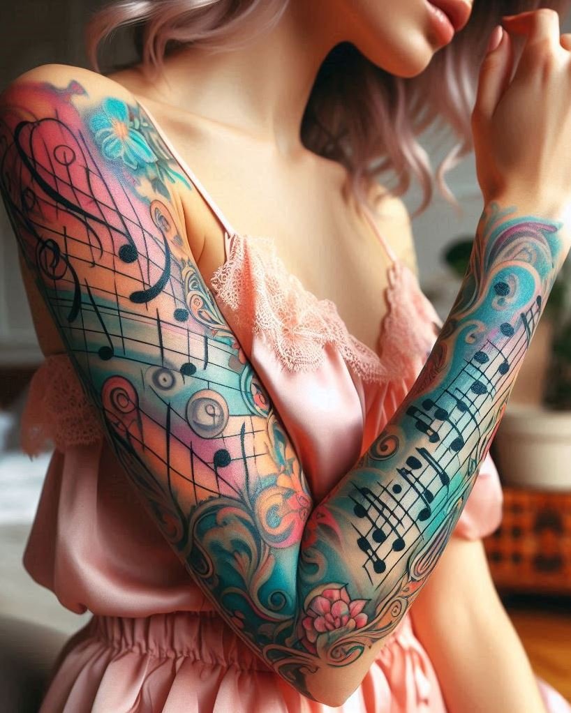 Turn your body into a living sheet of music with musical notation tattoos. These elegant designs capture the magic of your favorite songs, letting every note and rhythm become a part of you.