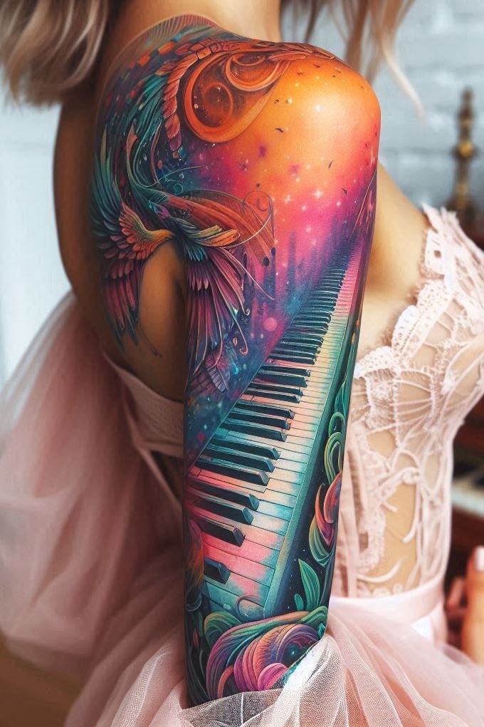 Turn your skin into a musical masterpiece with piano keys themed tattoos. These designs capture the grace and beauty of the piano, making every note a permanent part of you.