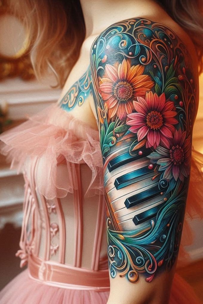 Piano keys tattoos let you wear your love for music on your sleeve. These elegant designs are perfect for anyone who finds joy in the sound of a piano, turning every key into a work of art.