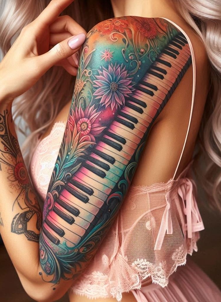 Piano keys tattoos are a beautiful symphony on your skin, celebrating your passion for music in every key. Perfect for pianists and music enthusiasts, these designs let you carry your favorite instrument wherever you go.