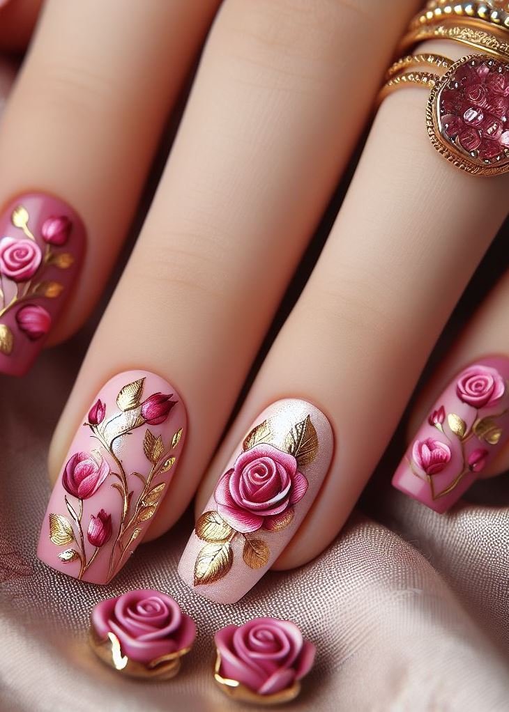 “Rosy Elegance”: Paint your nails a soft blush pink, then add delicate white rose decals for a touch of sophistication. Perfect for weddings or romantic evenings.
