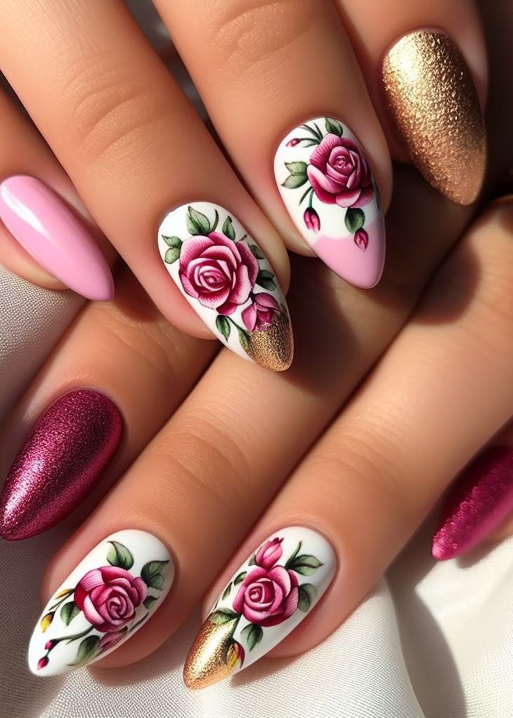 “Lace and Roses”: Apply a lace-patterned overlay in white over your pink nails, leaving space for delicate rose decals. Feminine and chic!