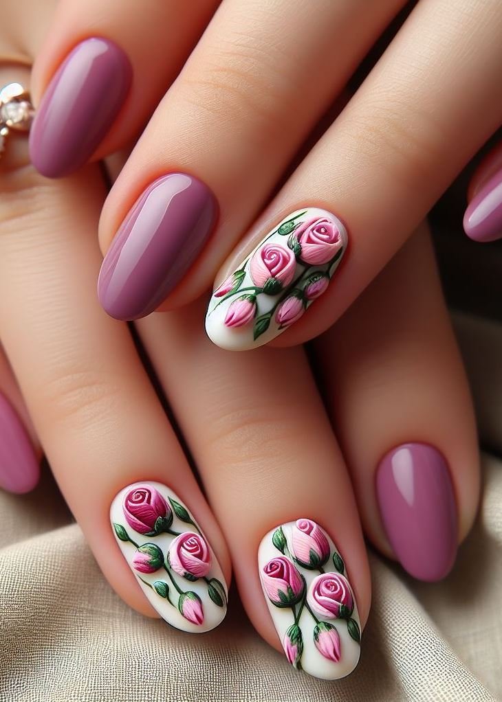 “Petals and Pearls”: Combine pale pink polish with tiny pearl accents, creating a subtle rose motif. It’s like wearing a garden on your fingertips!