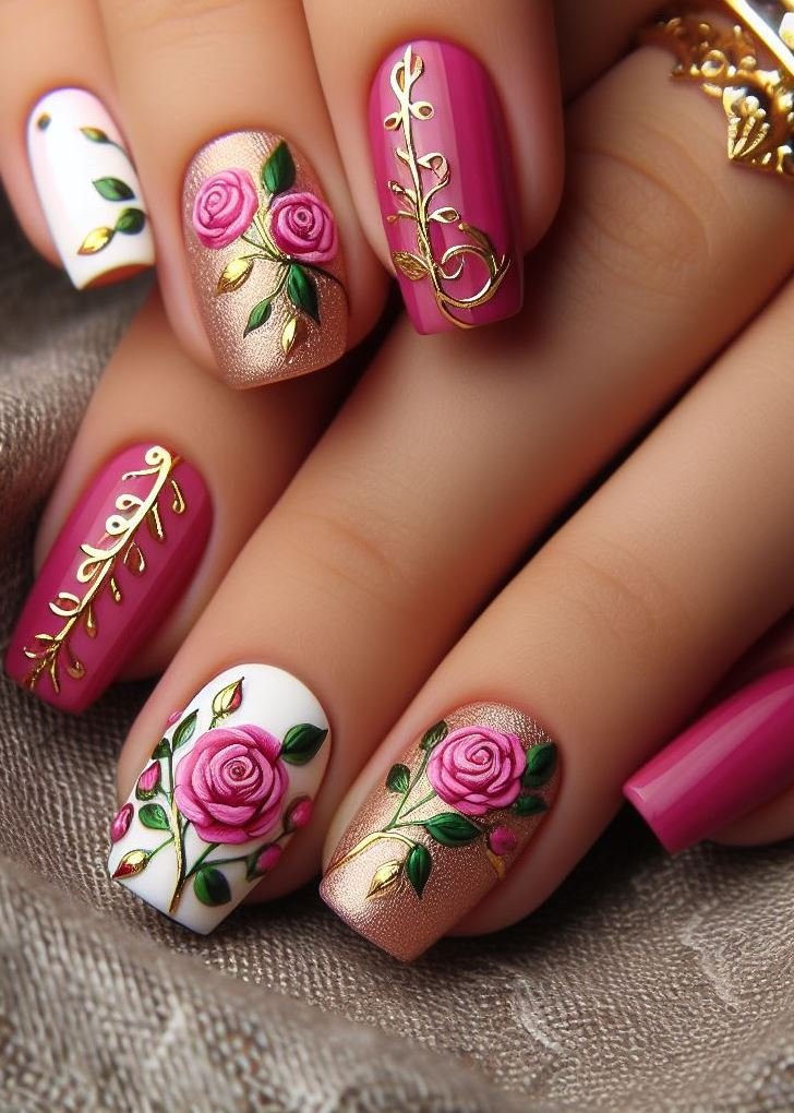 “Vintage Rose Garden”: Matte pink nails adorned with dainty white roses—channel your inner Victorian lady with this timeless look.