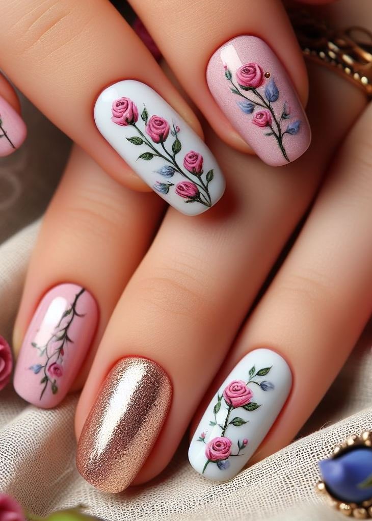 “Rose Gold Romance”: Paint your nails a soft rose gold hue, then add delicate white rose decals. It’s elegance with a modern twist! 💖