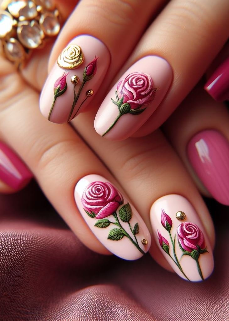 “French Rose Tips”: Classic French tips get a floral upgrade! Replace the white tips with delicate pink roses for a fresh take on a timeless style.