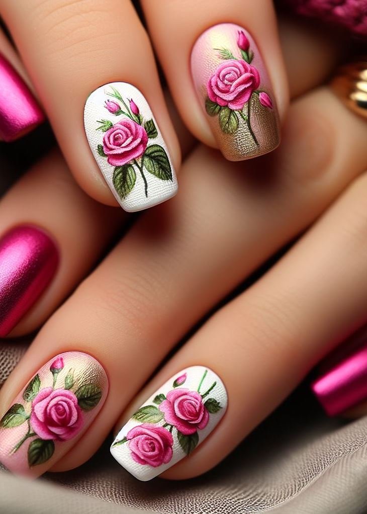 “Minimalist Petals”: Keep it simple with a single white rose on each nail against a soft pink background. Less is more, but the impact is undeniable. 🌹