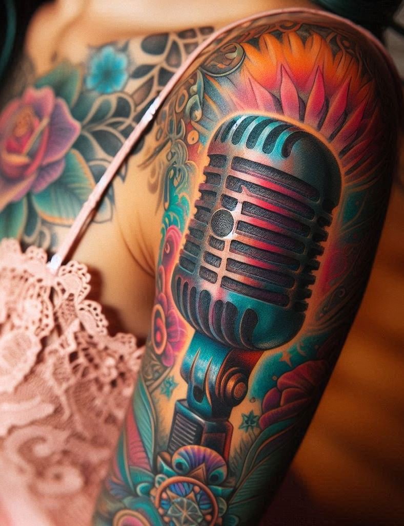 Celebrate the magic of classic performances with retro mic themed tattoos. These stylish designs capture the essence of vintage microphones, perfect for music lovers who appreciate the golden days of sound.