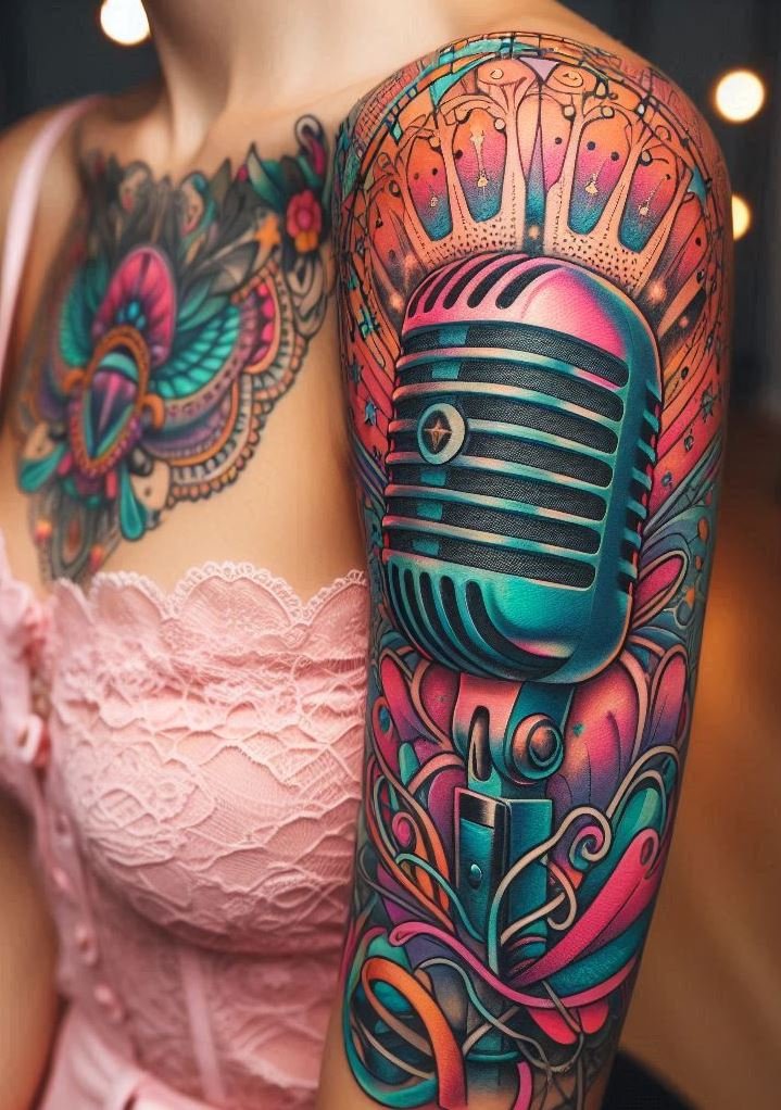 Retro mic tattoos strike a perfect note for music enthusiasts. These designs are a stylish tribute to the iconic microphones of yesteryears, adding a touch of vintage cool to your ink.