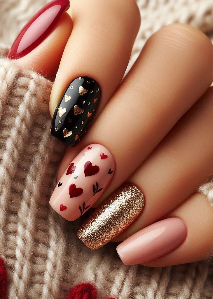 Short coffin nails with black French tips and delicate red rose details.