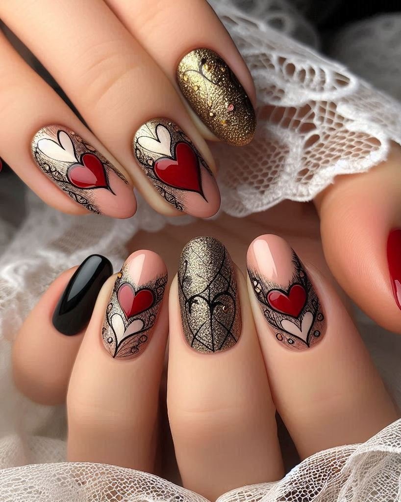 Red roses meet golden accents in this luxurious nail design. The black base adds drama and mystery.