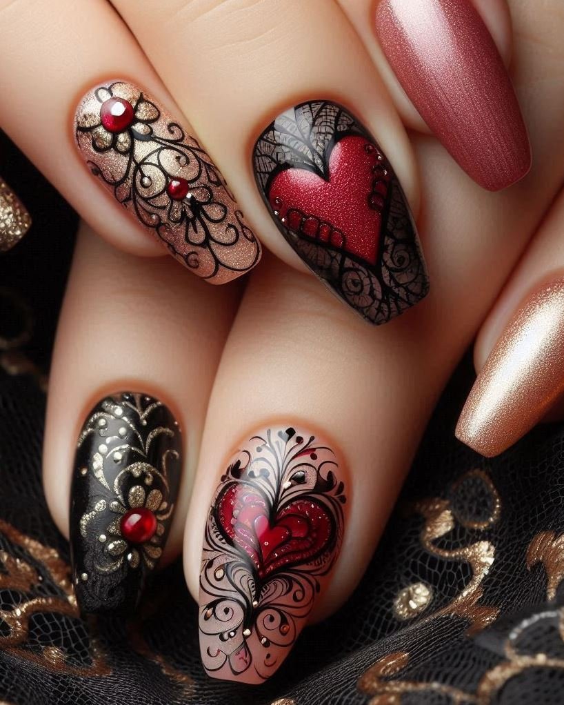 Simple yet striking: black ombre nails with red tips.